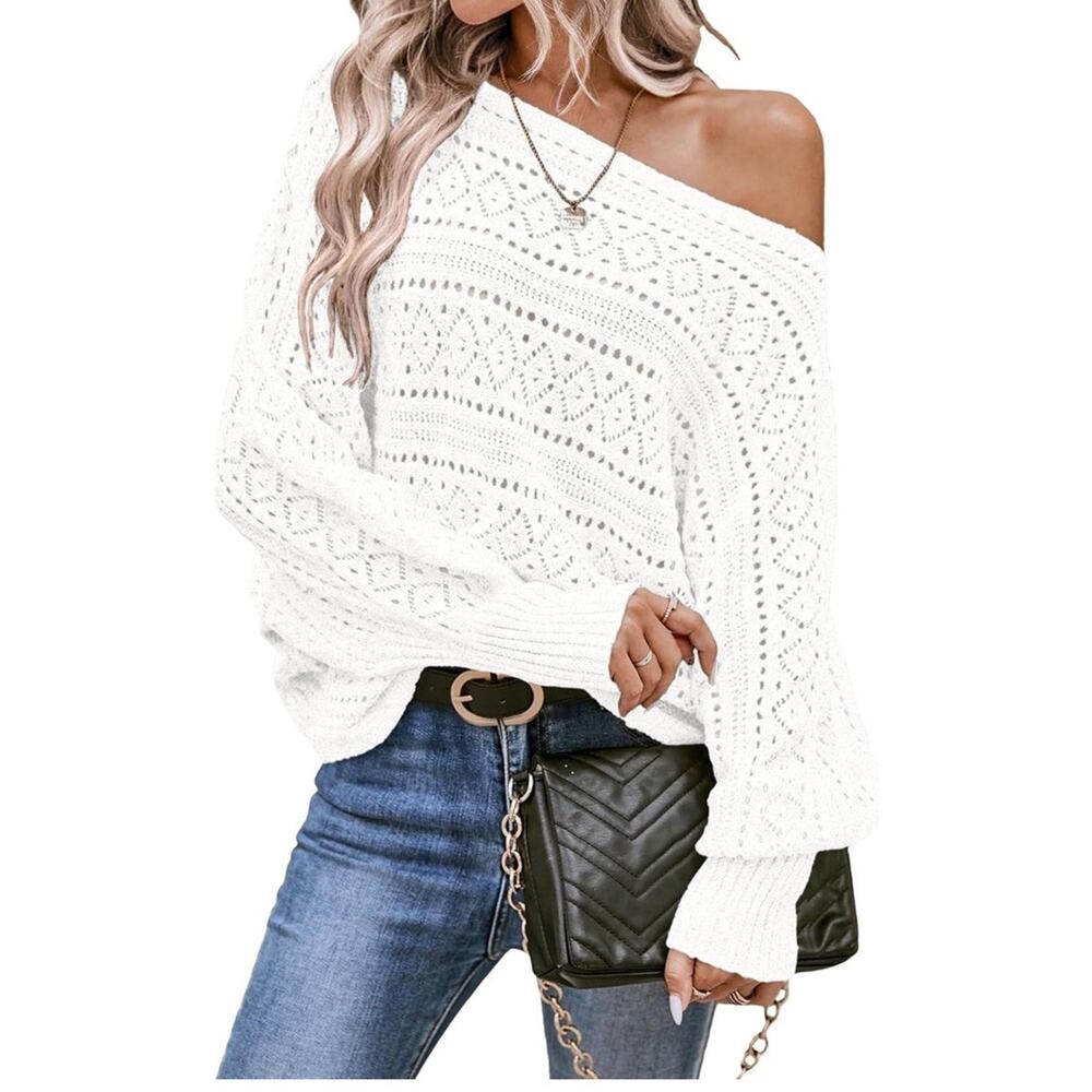 Evaless Womens Off Shoulder Sweater Top Fall Outfits Fashion Oversized Knit M